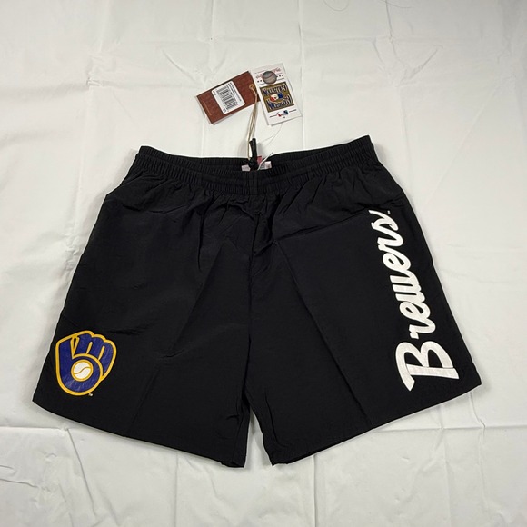 Mitchell & Ness Other - Mitchell & Ness Milwaukee Brewers Black Nylon Athletic Shorts Mens Large NWT